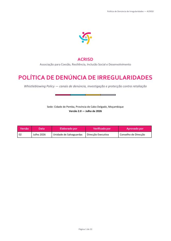 Capa do documento Política de Denúncia de Irregularidades