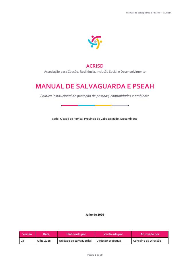 Capa do documento Manual de Salvaguarda e PSEAH