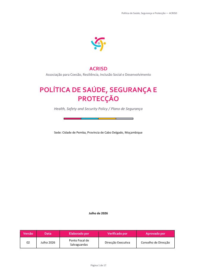 Capa do documento Política de Saúde, Segurança e Protecção